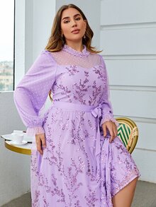 Simplee Plus Contrast Sequin Mesh Panel Swiss Dot Dress - Lilac Purple - View 3
