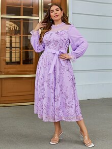 Simplee Plus Contrast Sequin Mesh Panel Swiss Dot Dress - Lilac Purple - View 4