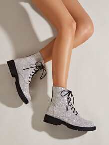 Glitter Decor Lace-up Front Combat Boots - Silver - View 1