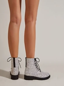 Glitter Decor Lace-up Front Combat Boots - Silver - View 2