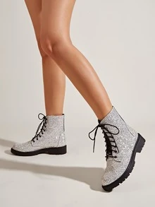 Glitter Decor Lace-up Front Combat Boots - Silver - View 4