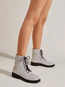 Glitter Decor Lace-up Front Combat Boots - Silver - View 5
