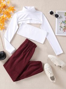 Girls Mock Neck Super Crop Tee & Bandeau & Trousers - Red and White - View 1