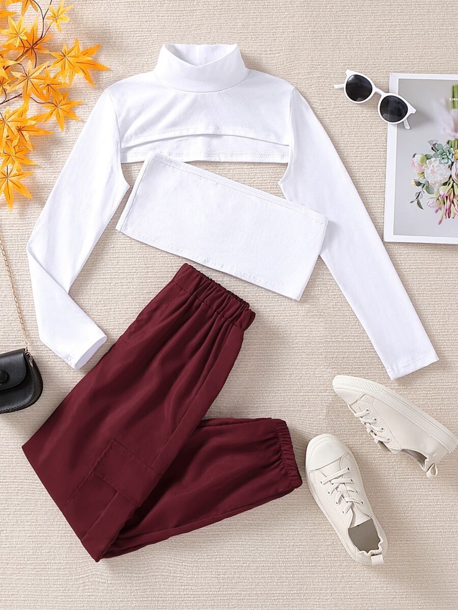 Girls Mock Neck Super Crop Tee & Bandeau & Trousers - Red and White - View 1