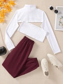 Girls Mock Neck Super Crop Tee & Bandeau & Trousers - Red and White - View 2