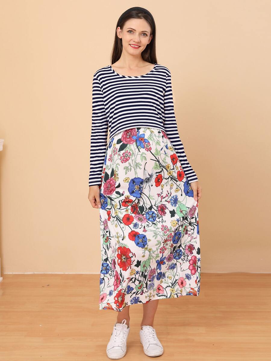 孕婦條紋圖案和印花拼接連衣裙 - 彩色 - 查看 1