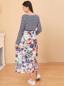 孕婦條紋圖案和印花拼接連衣裙 - 彩色 - 查看 2