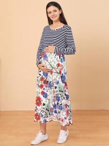 孕婦條紋圖案和印花拼接連衣裙 - 彩色 - 查看 3