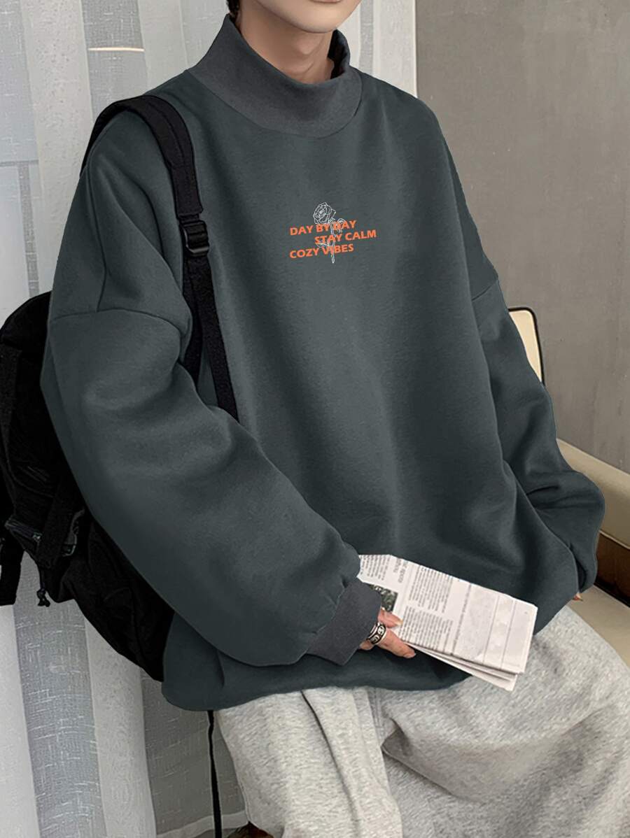 Manfinity Hypemode Men Slogan Graphic Mock Neck Drop Shoulder Sweatshirt - Dark Grey - View 1