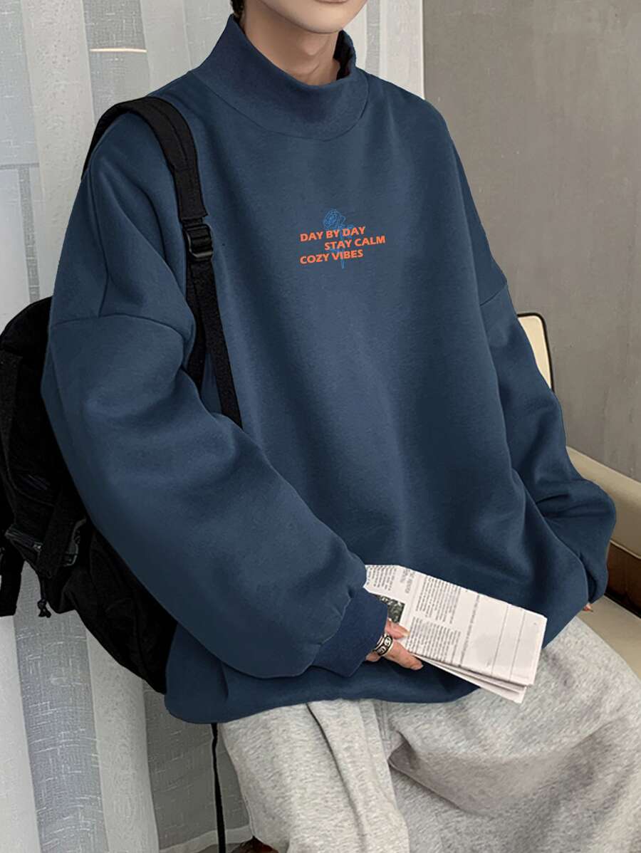 Manfinity Hypemode Men Slogan Graphic Mock Neck Drop Shoulder Sweatshirt - Navy Blue - View 1