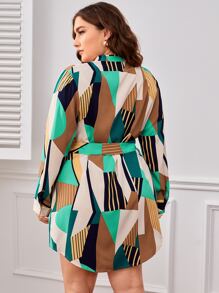SHEIN Clasi Plus Geo Print Notched Neck Belted Dress - Multicolor - View 2