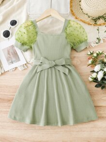 Toddler Girls Contrast Mesh Puff Sleeve Belted Dress - Green - View 1