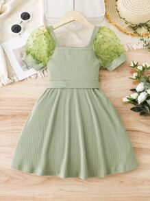 Toddler Girls Contrast Mesh Puff Sleeve Belted Dress - Green - View 2