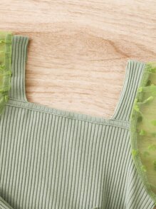 Toddler Girls Contrast Mesh Puff Sleeve Belted Dress - Green - View 6