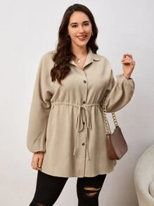 SHEIN LUNE Plus Drawstring Waist Lantern Sleeve Shirt Blouse Curvyplain Plus Size Blousesmanteau Curvyplus Size Tunic - Khaki - View 1