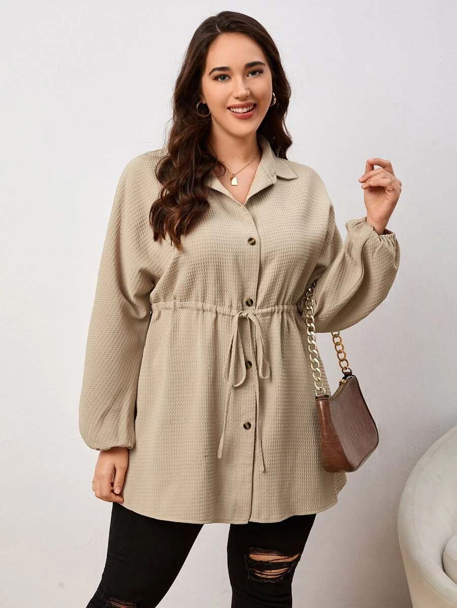 SHEIN LUNE Plus Drawstring Waist Lantern Sleeve Shirt Blouse Curvyplain Plus Size Blousesmanteau Curvyplus Size Tunic - Khaki - View 1