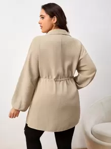 SHEIN LUNE Plus Drawstring Waist Lantern Sleeve Shirt Blouse Curvyplain Plus Size Blousesmanteau Curvyplus Size Tunic - Khaki - View 2