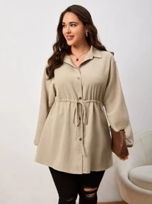 SHEIN LUNE Plus Drawstring Waist Lantern Sleeve Shirt Blouse Curvyplain Plus Size Blousesmanteau Curvyplus Size Tunic - Khaki - View 4