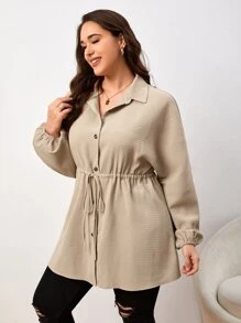 SHEIN LUNE Plus Drawstring Waist Lantern Sleeve Shirt Blouse Curvyplain Plus Size Blousesmanteau Curvyplus Size Tunic - Khaki - View 5