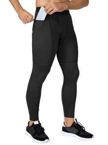 Men Solid Sports Tights With Phone Pocket - Black - View 1