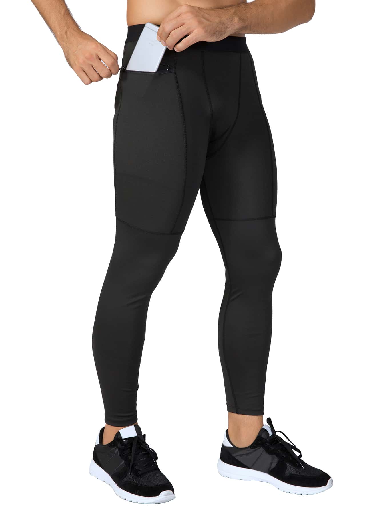 Men Solid Sports Tights With Phone Pocket - Black - View 1