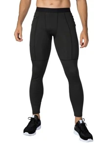 Men Solid Sports Tights With Phone Pocket - Black - View 5