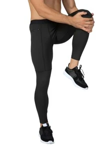 Men Solid Sports Tights With Phone Pocket - Black - View 6