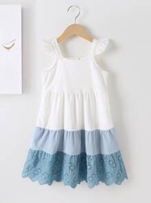 SHEIN Toddler Girls Colourblock Eyelet Embroidery Ruffle Hem Dress - Blue and White - View 1