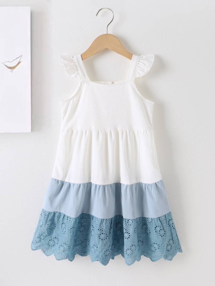 SHEIN Toddler Girls Colourblock Eyelet Embroidery Ruffle Hem Dress - Blue and White - View 1