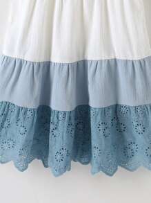 SHEIN Toddler Girls Colourblock Eyelet Embroidery Ruffle Hem Dress - Blue and White - View 5