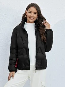 ZIAI Zip Up Letter Graphic Padded Coat - Black - View 5