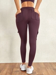 Magenta Workout Running Stretch Cargo Skinny Trousers - Burgundy - View 2