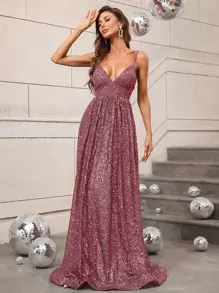Elegant Thin-Strap Back-Tie Evening Gown With Low-Back Cut & Flowing A-Line Hem - Formal Galas, Black-Tie Dinners, Opera Performances, Red Carpet Events, Wedding Guest Attire - Redwood - View 1