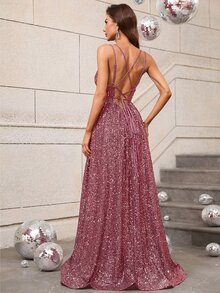 Elegant Thin-Strap Back-Tie Evening Gown With Low-Back Cut & Flowing A-Line Hem - Formal Galas, Black-Tie Dinners, Opera Performances, Red Carpet Events, Wedding Guest Attire - Redwood - View 2