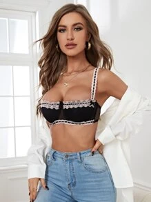 Mesh Contrast Lace Trim Bow Front Underwire Bra - Black - View 6