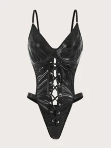 ROMWE Grunge Punk Lace Up Front PU Teddy Bodysuit Lingerie - Black - View 5