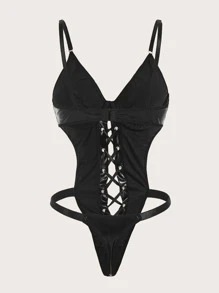 ROMWE Grunge Punk Lace Up Front PU Teddy Bodysuit Lingerie - Black - View 2