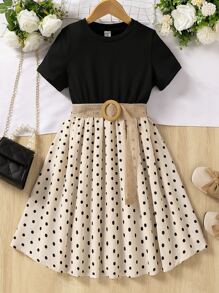 Girls Polka Dot Colourblock Dress - Multicolor - View 1