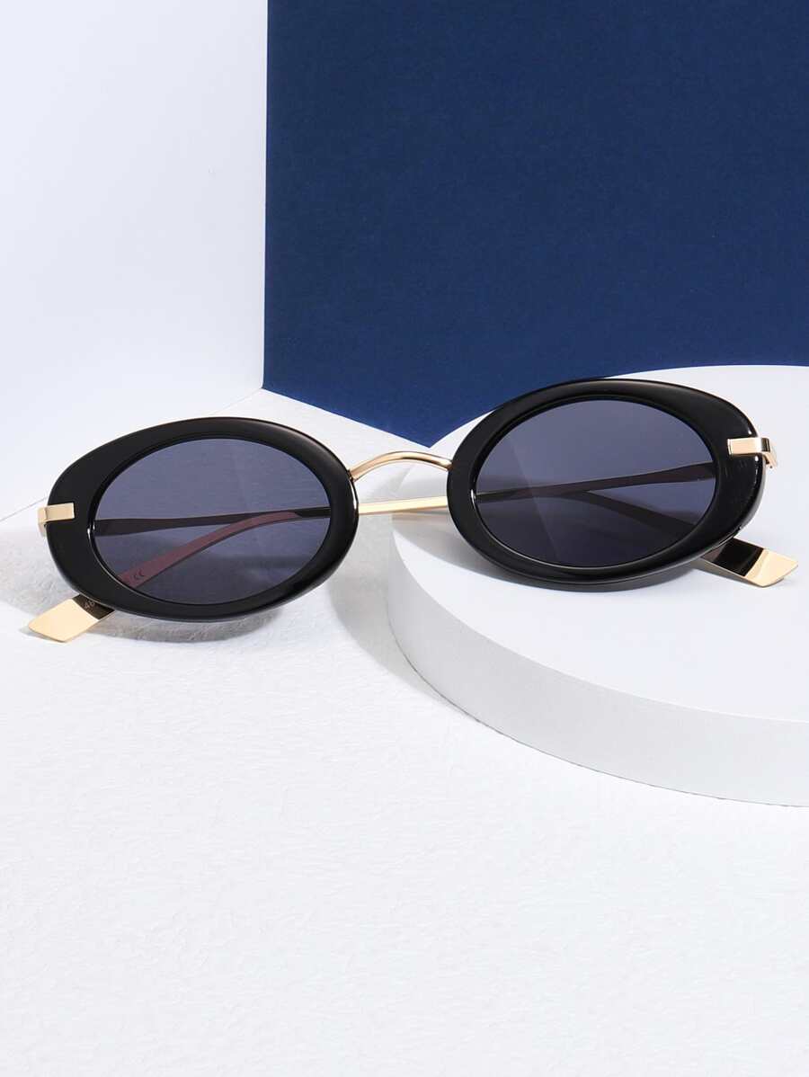 橢圓框架太陽眼鏡 - 灰色 - 查看 1