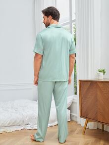 Hombres Conjunto de pijama ribete en contraste de satén - verde menta - Ver 7