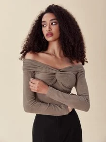 SHEIN Privé 一字肩前扭結T恤 - 摩卡棕 - 查看 1