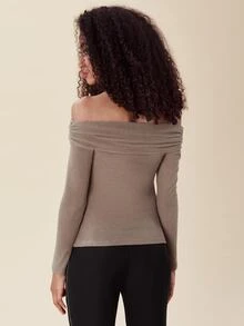 SHEIN Privé 一字肩前扭結T恤 - 摩卡棕 - 查看 2