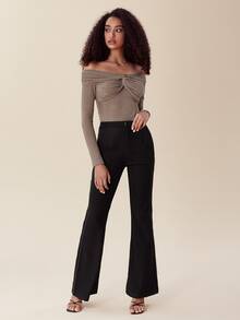 SHEIN Privé 一字肩前扭結T恤 - 摩卡棕 - 查看 5