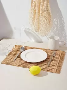 1pc Rectangular Woven Placemat with Boho Tassels - Khaki - View 11