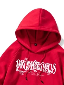 ROMWE MEN Grunge Punk Men Letter Skeleton Graphic Kangaroo Pocket Drawstring Hoodie - Red - View 4