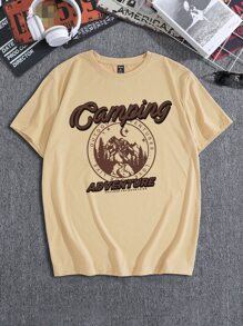 ROMWE MEN Hombres Camiseta con estampado de letra - Caqui - Ver 1