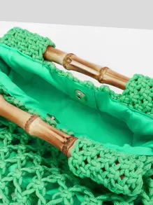 SHEIN SXY 優雅女士霓虹綠空心鉤織袋，適用於夏季、海灘、假期、戶外、夏季必備，是度假和假期的完美選擇 - 綠色 - 查看 9