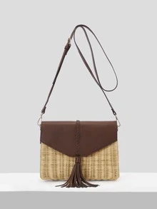 SHEIN VCAY Two Tone Tassel Decor Flap Straw Bag - Brown - View 5