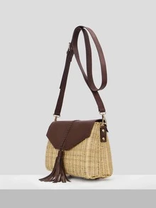 SHEIN VCAY Two Tone Tassel Decor Flap Straw Bag - Brown - View 6