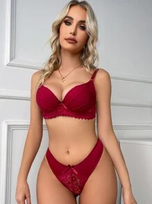 Bộ áo ngực & quần lót Nữ Nơ Bướm Tương phản ren màu trơn - Màu Đỏ Sâu - Xem 1